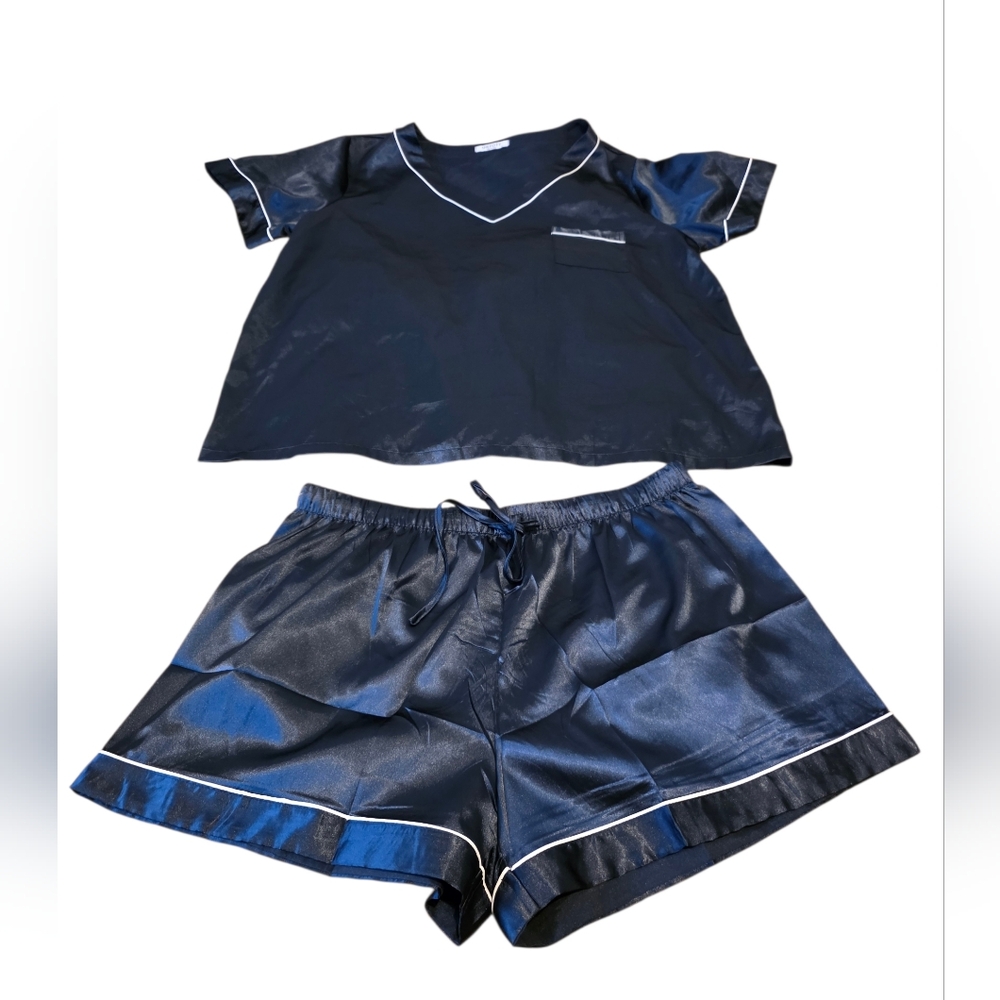 Shefoty Navy Satiny Pajama Set Whiye Trim Drawstring Shorts & Pocket Top Size XL